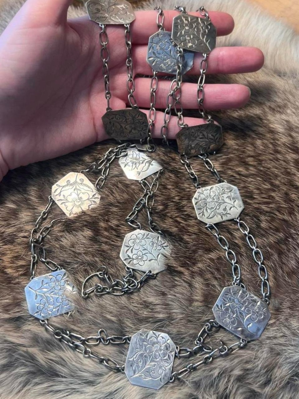Vintage Chinese export silver floral engraved metal panel belt